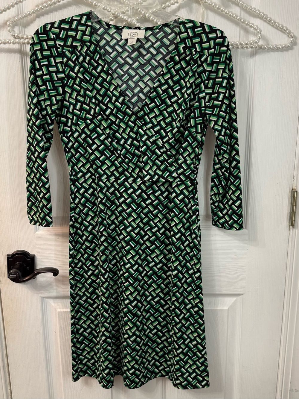 LOFT Black and Green Geometric Wrap-Style Dress